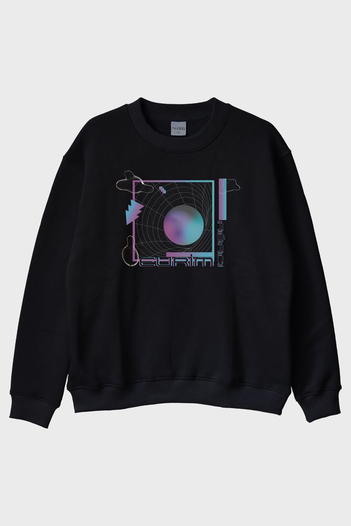 Evrim Ağacı Retro Geometrik Desenli Baskılı Siyah Bisiklet Yaka Sweatshirt