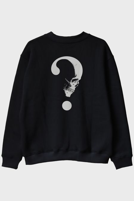 Gothic Soru İşareti Kafatası Baskılı Siyah Bisiklet Yaka Sweatshirt