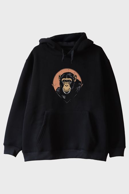 Şempanze Tasarımlı Minimalist Baskılı Siyah Hoodie