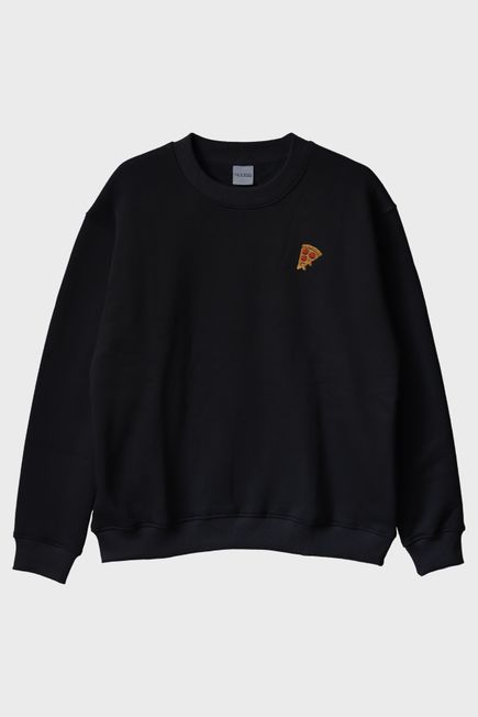 İtalyan Pizzası Nakışlı Siyah Bisiklet Yaka Sweatshirt