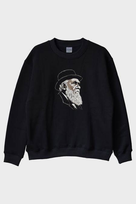 Darvin Portre Baskılı Tasarım Siyah Bisiklet Yaka Sweatshirt