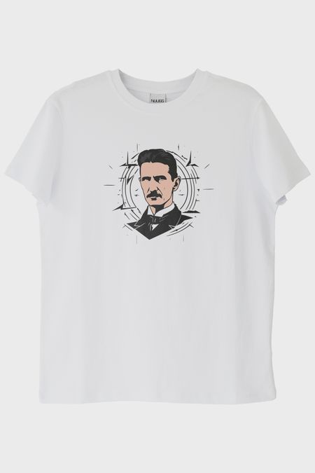 Nikola Tesla İllüstrasyon Baskılı Tasarım Beyaz Tişört