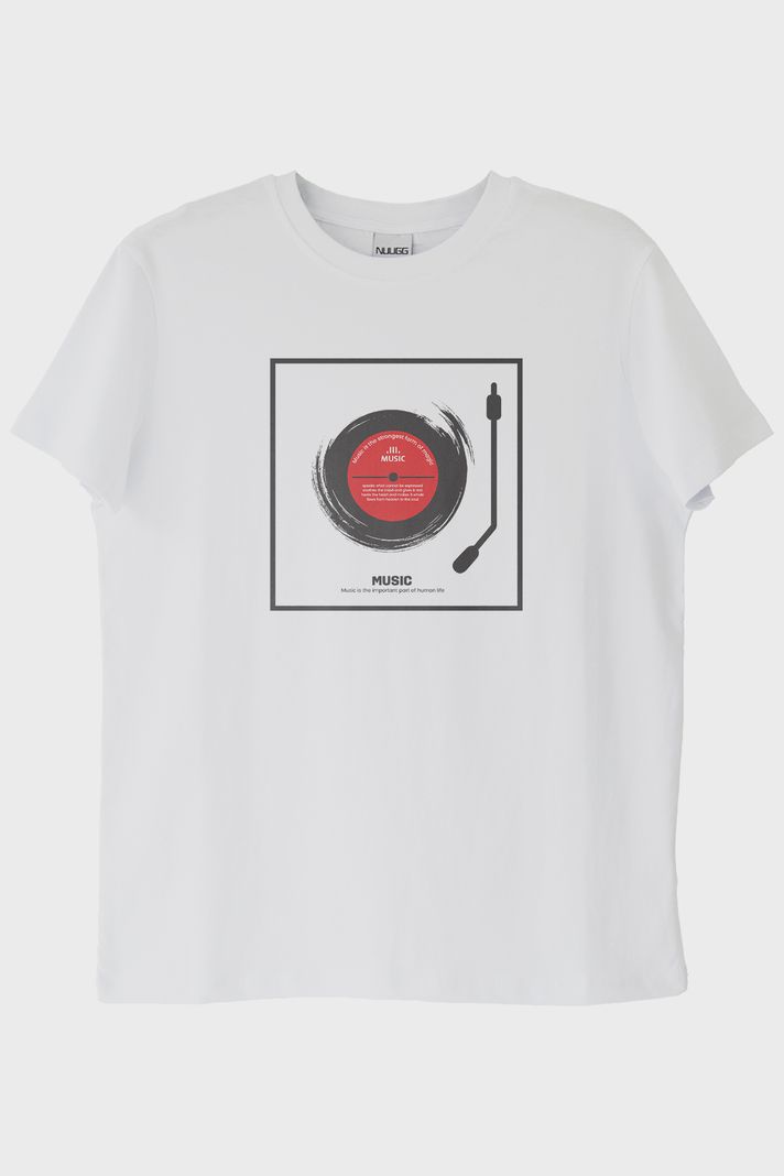 Music Is The Important Part Baskılı Plak Tasarımlı Beyaz Tişört