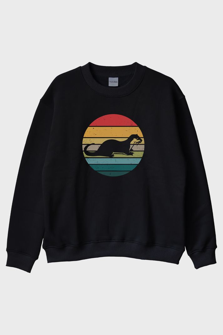 Koşan Susamuru Baskılı Retro Tasarım Siyah Bisiklet Yaka Sweatshirt