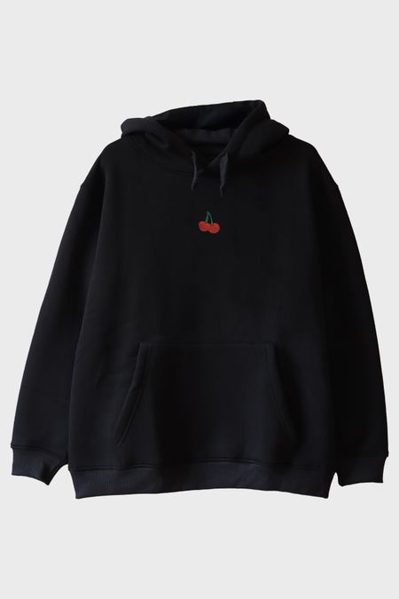 Kiraz Desenli Siyah Nakış Hoodie