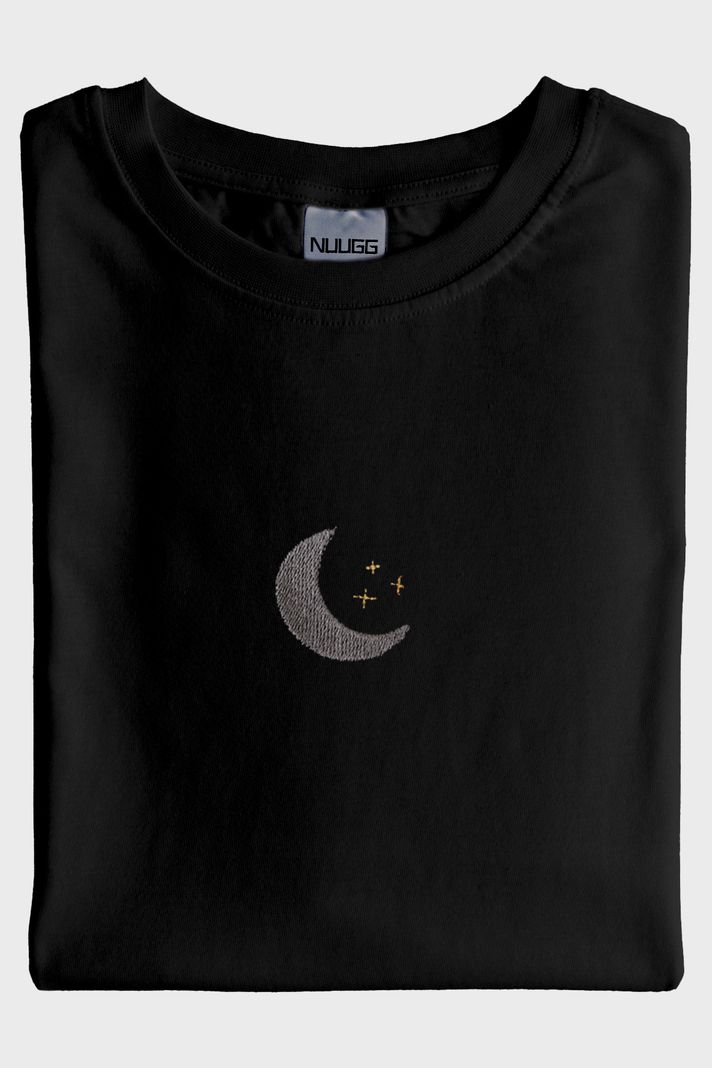 Ay Desenli Nakış Siyah T-Shirt - Sevgililer Günü Çift Tişörtleri