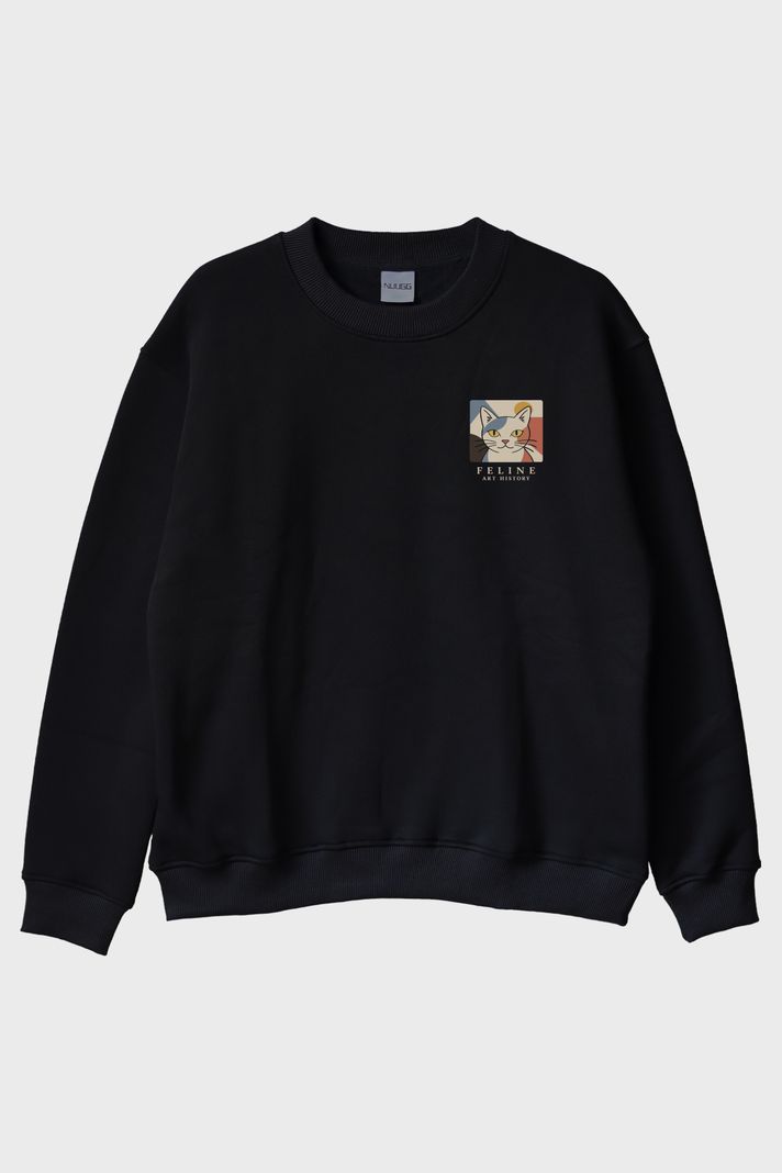 Feline Art History Siyah Bisiklet Yaka Sweatshirt
