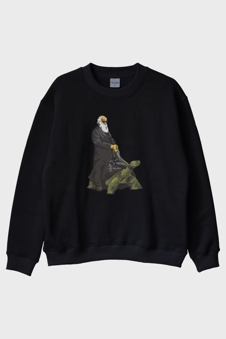 Kaplumbağa Darvin Baskılı Bilimsel Siyah Bisiklet Yaka Sweatshirt