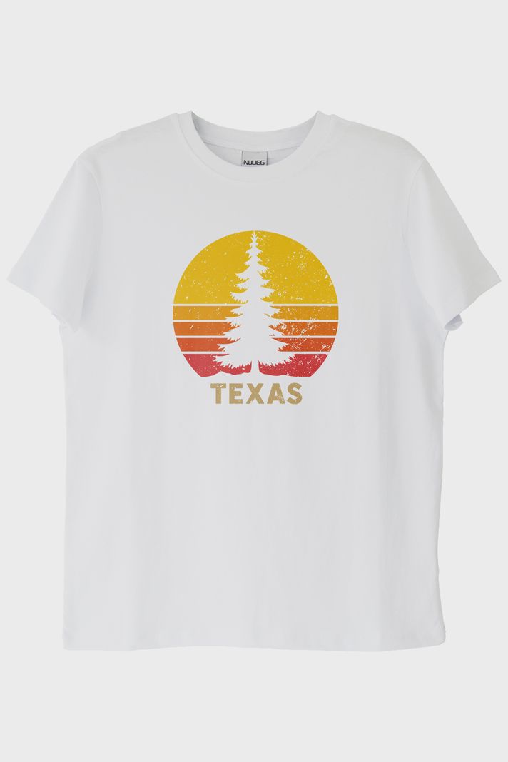 TEXAS Doğa Temalı Gün Batımı Tasarımlı Beyaz Tişört