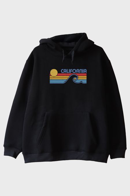 California Retro Dalga Baskılı Tasarım Siyah Hoodie