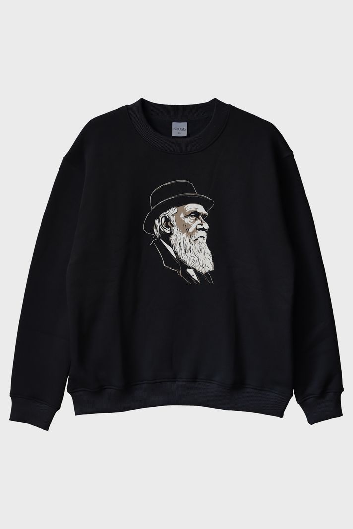 Darvin Portre Baskılı Tasarım Siyah Bisiklet Yaka Sweatshirt