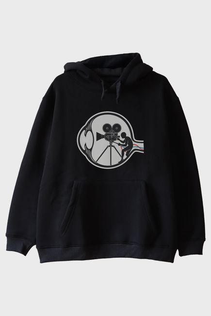 Eski Film Kamerası Baskılı Tasarım Siyah Hoodie