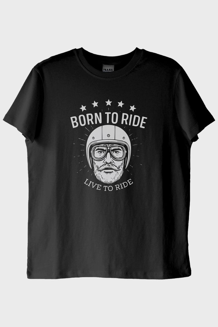 Born to Ride Live To Road Baskılı Motosiklet Temalı Siyah Tişört