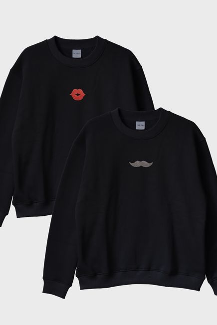 Dudak ve Bıyık Desenli Çift Kombin Bisiklet Yaka Sweatshirt
