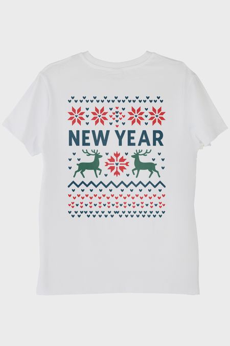Yeni Yıl Motifli Beyaz Tişört