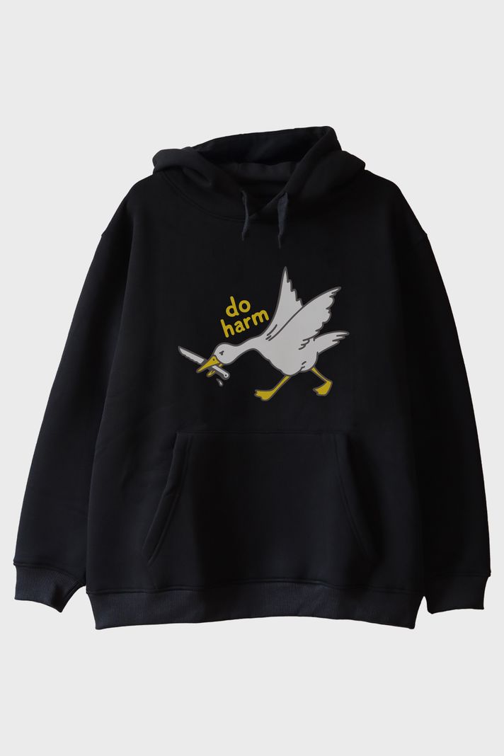 Do Harm Konseptli Kaz Baskılı Siyah Hoodie
