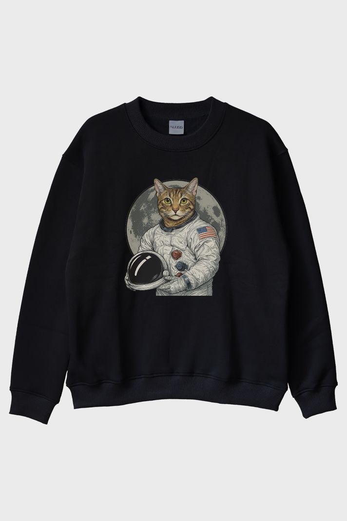 Astronot Kedi Siyah Bisiklet Yaka Sweatshirt
