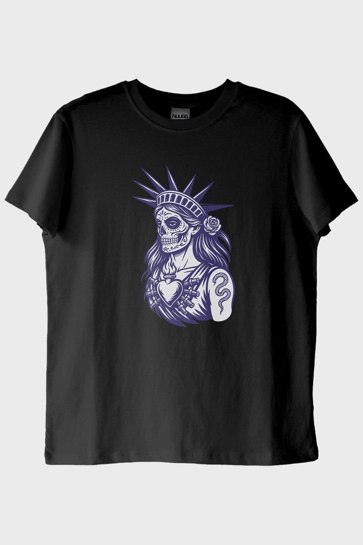 Özgürlük Heykeli Stilinde İllüstrasyonlu Baskılı Siyah Tişört