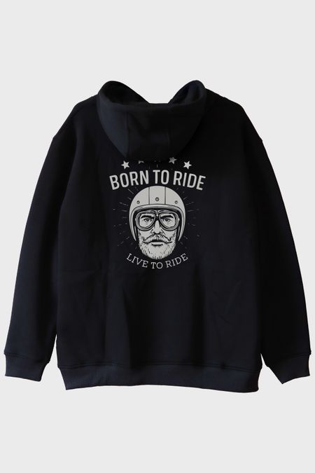 Born to Ride Live To Road Baskılı Motosiklet Temalı Siyah Hoodie