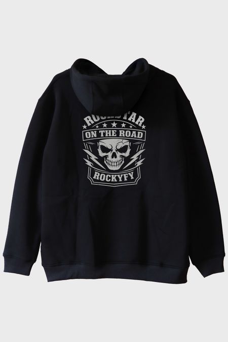 Rockstar On The Road Kafatası Baskılı Siyah Hoodie