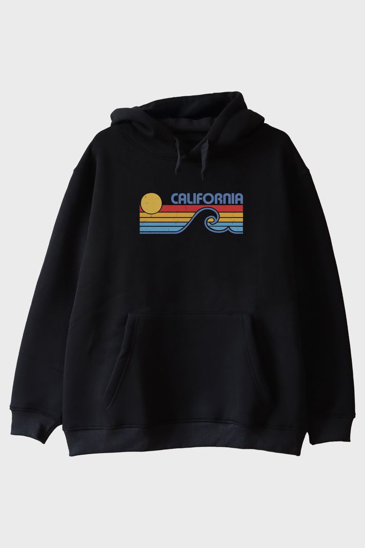 California Retro Dalga Baskılı Tasarım Siyah Hoodie