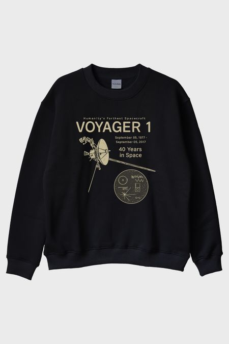Uzay Keşfi Temalı Retro Voyager 1 Bilim Siyah Bisiklet Yaka Sweatshirtü