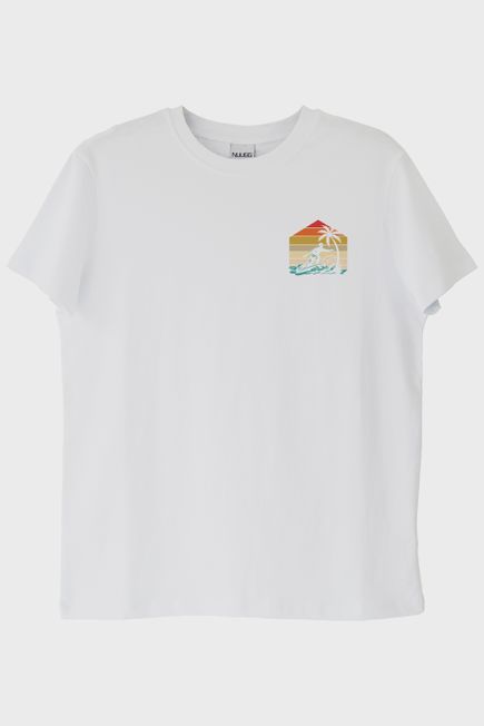 Retro Palmiye ve Sörf Baskılı Beyaz Tişört