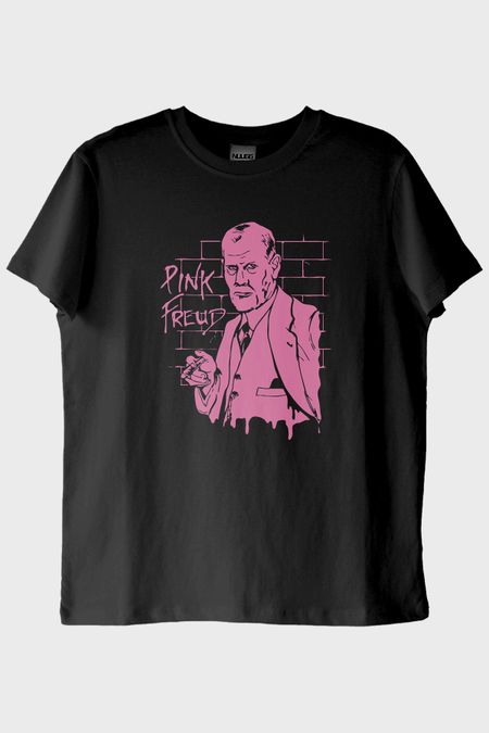 Pink Freud Baskılı Mizahi Tasarım Siyah Tişört