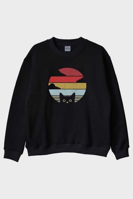 Retro Kedi Baskılı Modern Siyah Bisiklet Yaka Sweatshirt