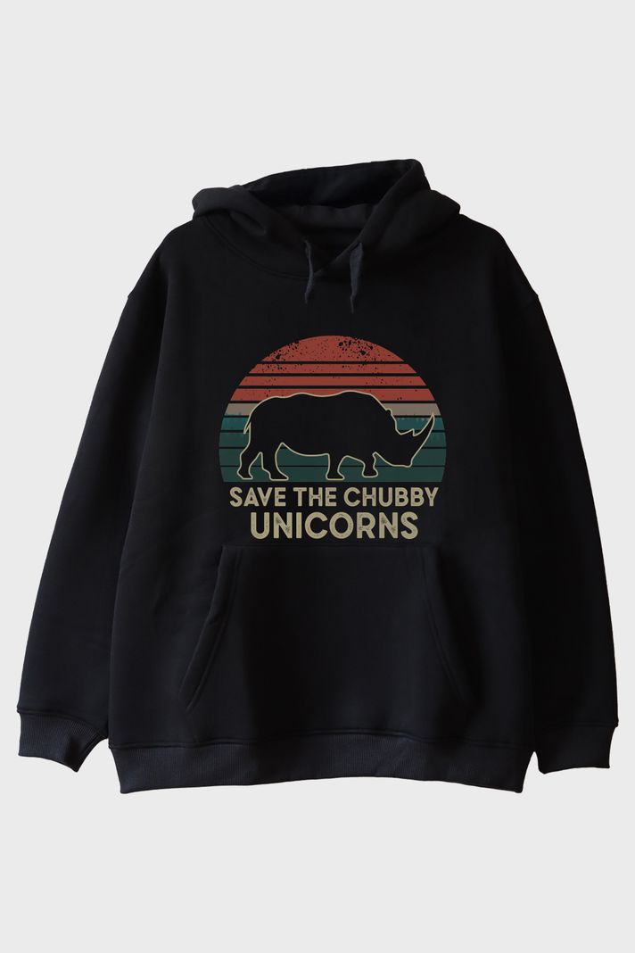 Save the Chubby Unicorns Retro Gergedan Baskılı Siyah Hoodie