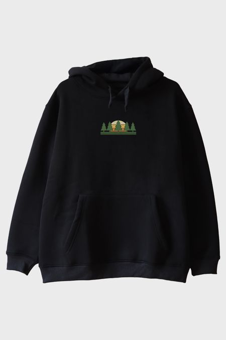 Minimalist Doğa Manzaralı Baskılı Tasarım Siyah Hoodie