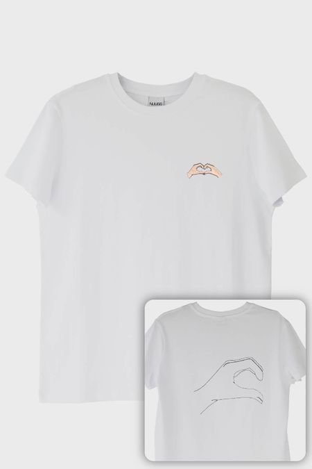 Sol El Kalp Desenli Nakış Tişört - Sevgililer Günü Çift Tişörtleri