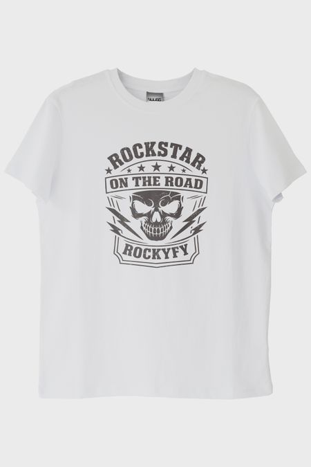 Rockstar On The Road Kafatası Baskılı Beyaz Tişört