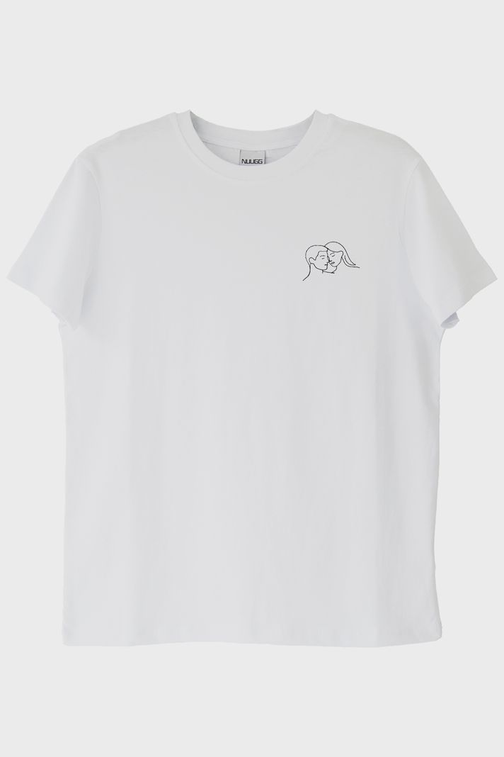 Çift Silüeti Desenli Nakış Tişört - Sevgililer Günü Hediyesi