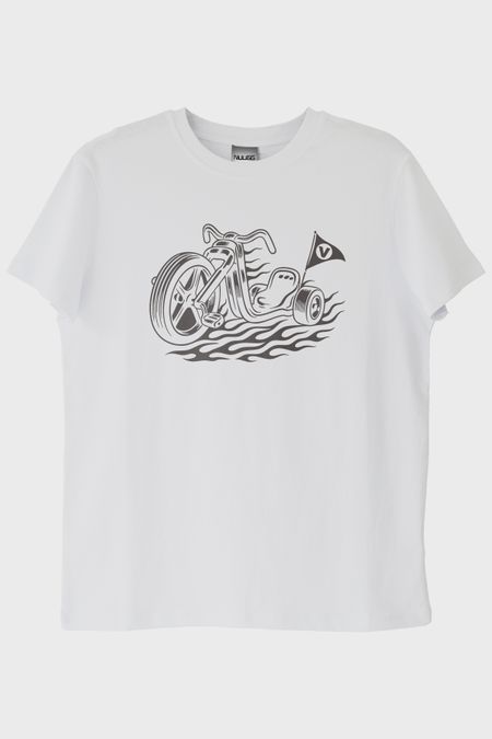 Motorlu Bayrak Tasarımlı Biker Beyaz Tişört