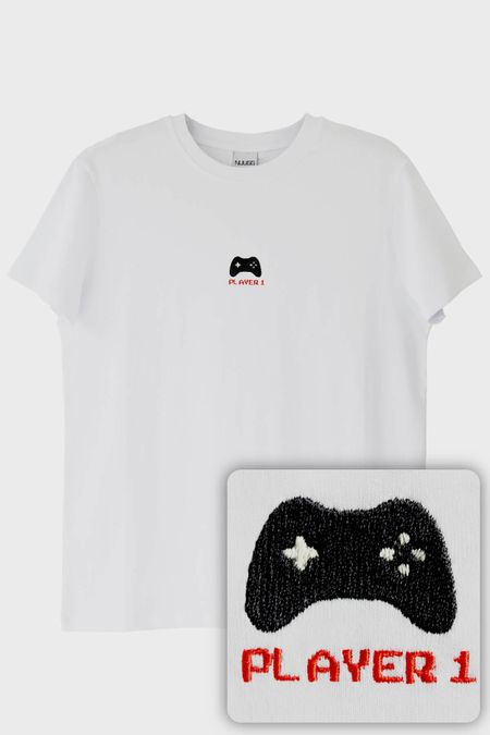 Player 1 Joystick Desenli Nakış Tişört - Gamer Çiftler İçin