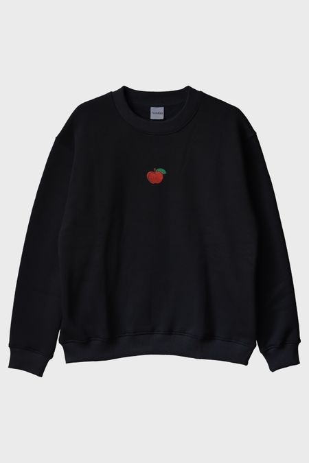 Kırmızı Elma Desenli Nakış Bisiklet Yaka Sweatshirt