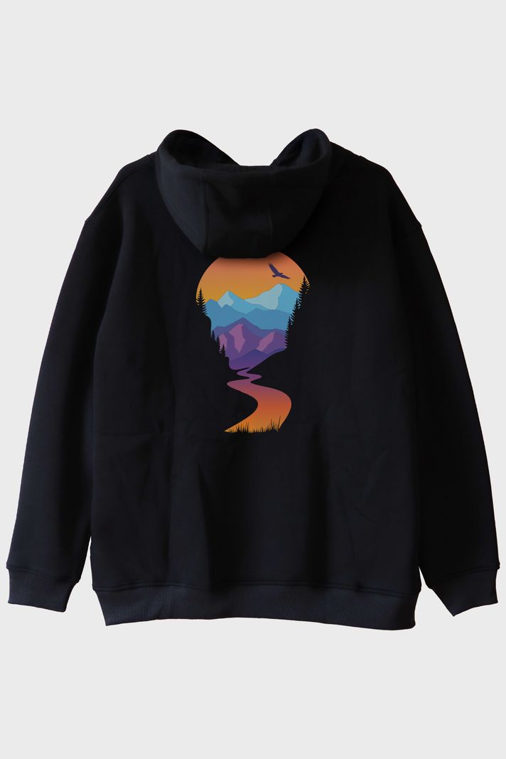 Montain Baskılı Doğal Manzara Tasarım Siyah Hoodie