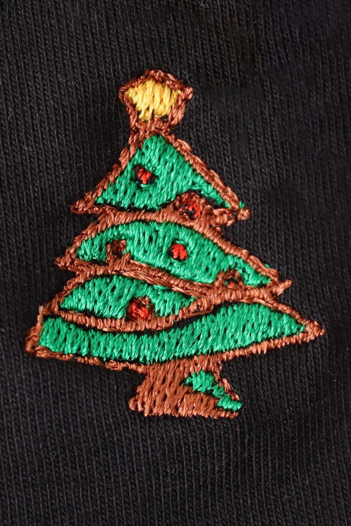 Yılbaşı Ağacı Desenli Siyah Bisiklet Yaka Sweatshirt