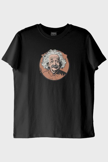 Albert Einstein Portre Baskılı Tasarım Siyah Tişört