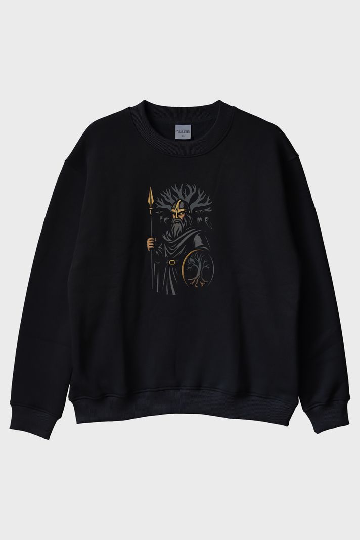 Odin Figürlü Siyah Bisiklet Yaka Sweatshirt