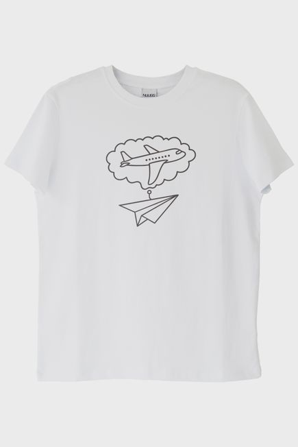 Kağıttan Uçak ve Yolcu Uçağı Tasarımlı Baskılı Beyaz Tişört