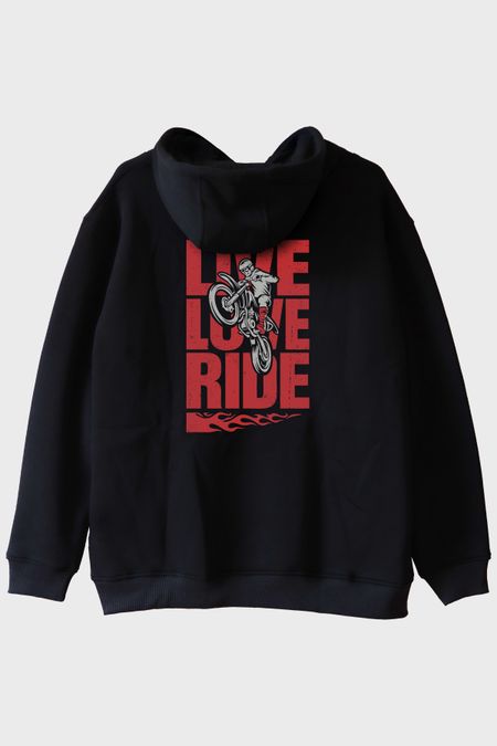 Live Love Ride Baskılı Motosiklet Siyah Hoodie