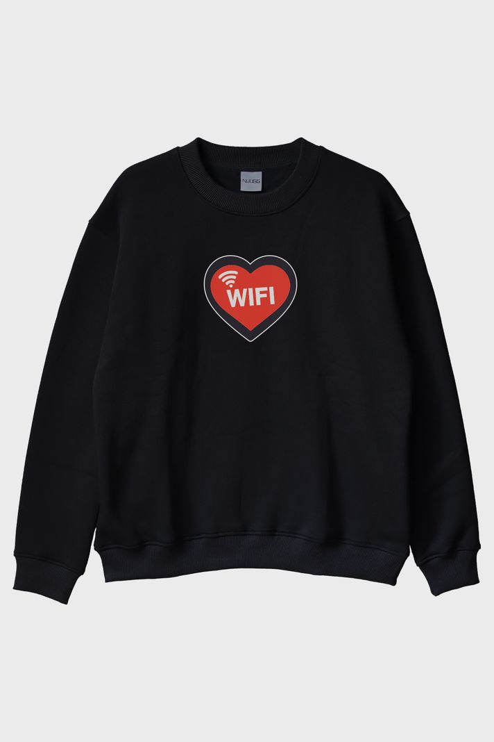 Kalpli Wifi Siyah Bisiklet Yaka Sweatshirt
