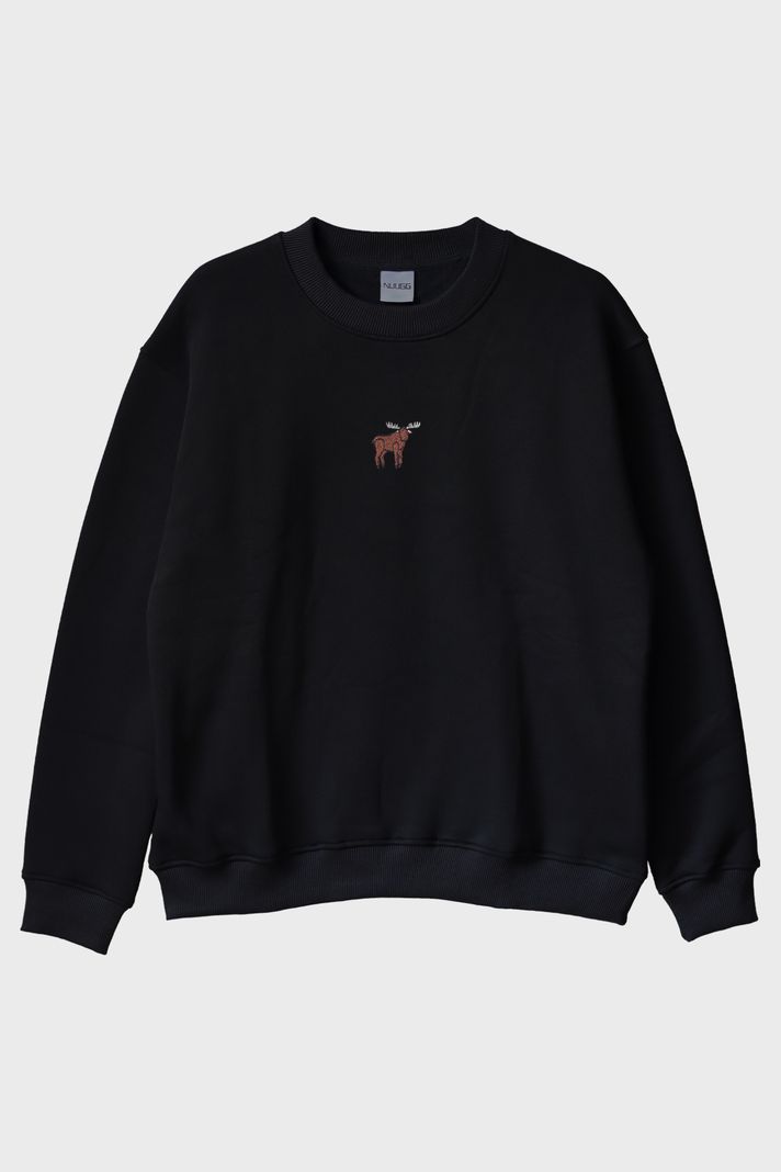 Kanada Geyiği Desenli Siyah Bisiklet Yaka Sweatshirt