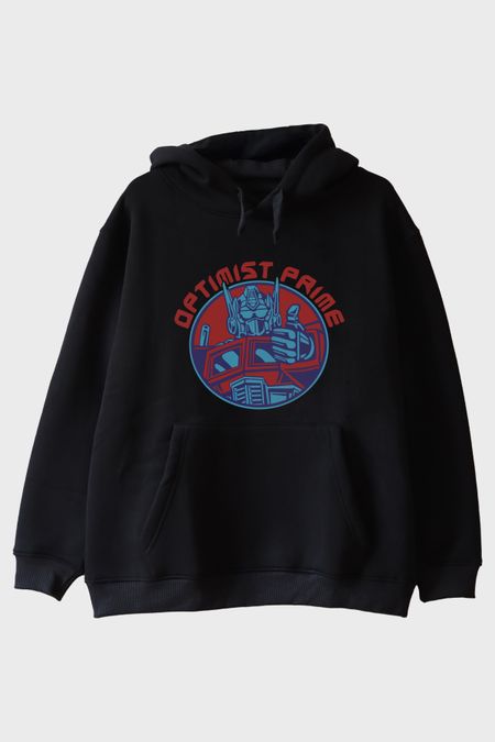 OPTIMIST PRIME Tasarımlı Robot Baskılı Siyah Hoodie