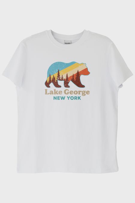 Lake George New York Ayı Siluetli Baskılı Beyaz Tişört