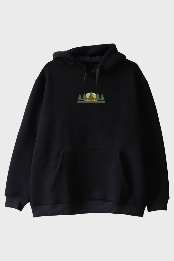 Minimalist Doğa Manzaralı Baskılı Tasarım Siyah Hoodie