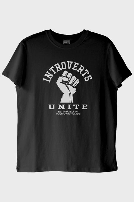 Introverts Unite Baskılı Mizahi Siyah Tişört