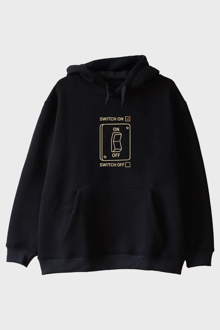 Switch On Off Elektrik Şalter Tasarımlı Baskılı Siyah Hoodie